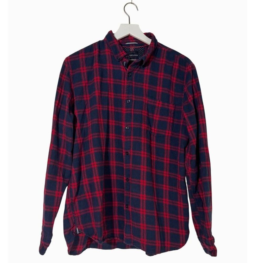 Denim & Flower Shirt Men's XL Flannel Casual button Down Red/Blue Plaid